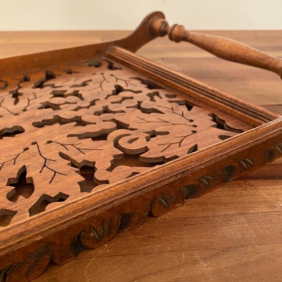 Wooden Serving Tray Rectangular Carved Decorative Leaf Ornate Design Wooden Tray - Picture 3 of 6